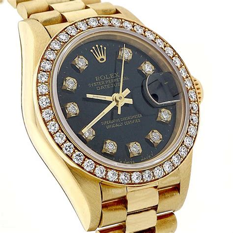 ladies rolex black 18k date|ladies Rolex president diamond bezel.